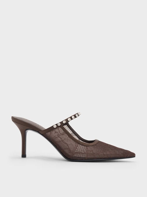 Lace & Satin Crystal Heeled Mules, Dark Brown Textured, hi-res