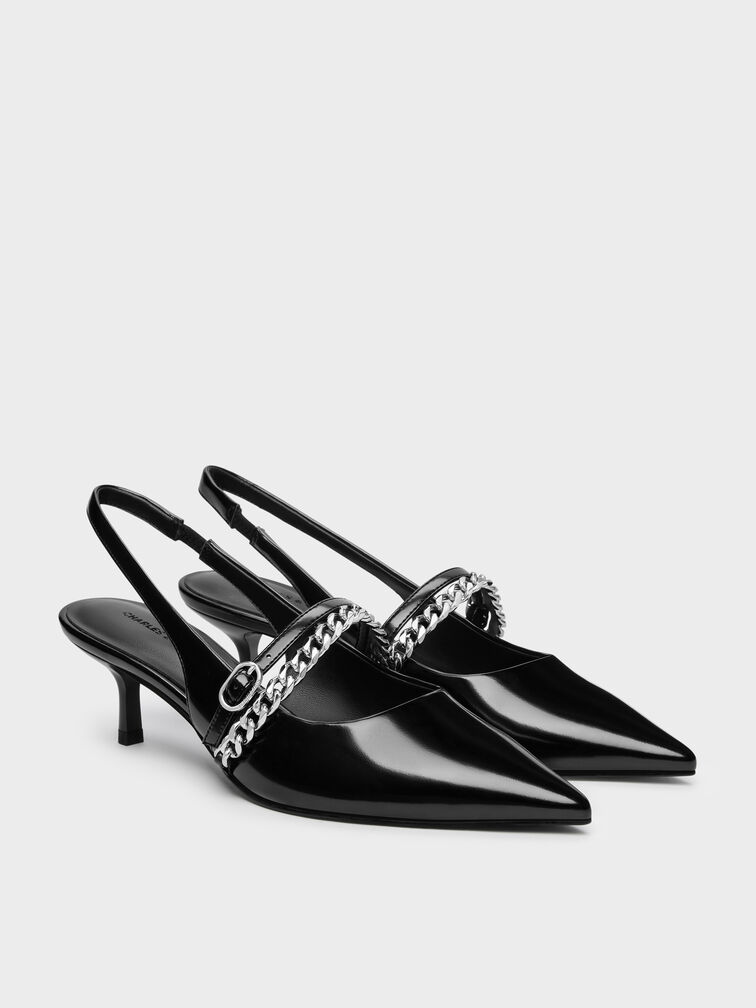 حذاء جورجي ذو الكعب الصغير المفتوح من الخلف والمزين بسلسلة, صندوق أسود, hi-res