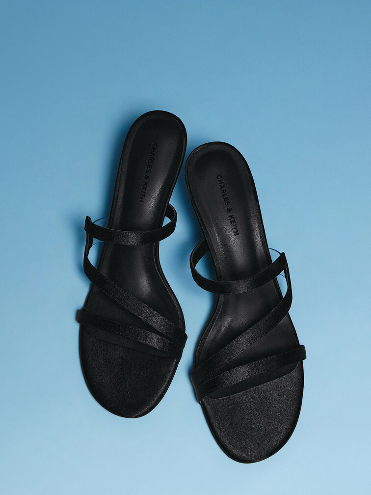 Arden Satin Wavy Heeled Mules, Black Textured, hi-res