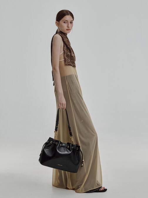 Moxie Drawstring Bucket Bag, Black, hi-res