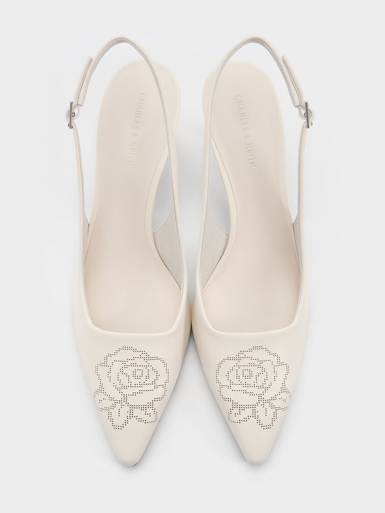 حذاء بامب بمقدّمة مدبّبة بكعب كيتن مفتوح من الخلف بتفاصيل ورد مثقّب, أبيض طباشيري, hi-res