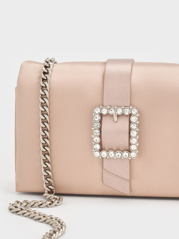 Satin Crystal-Buckle Belted Chain-Handle Bag, Sunset Nude, hi-res