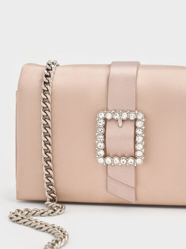 Satin Crystal-Buckle Belted Chain-Handle Bag, Sunset Nude, hi-res