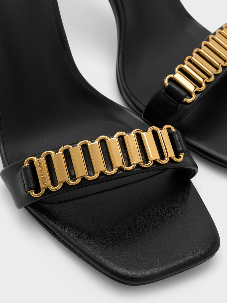 Metallic-Accent Heeled Sandals, Black, hi-res