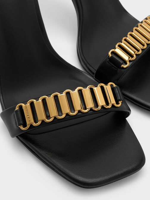 Metallic-Accent Heeled Sandals, Black, hi-res