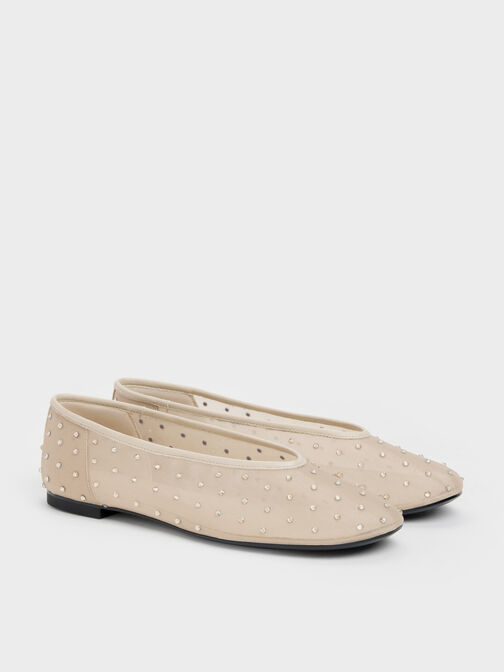 Mesh Crystal Ballet Flats, Beige, hi-res