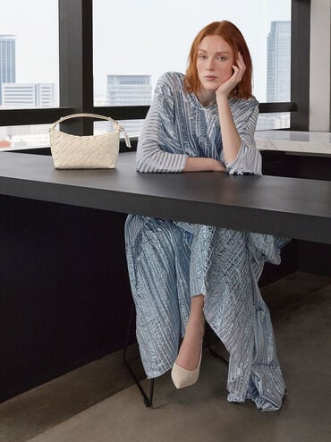 حقيبة كتف إيفيت بتصميم منسوج, كريمي, hi-res