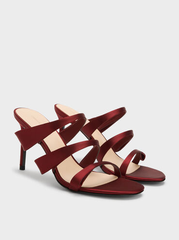 Satin Triple Pleated-Strap Stiletto Heels, Red, hi-res