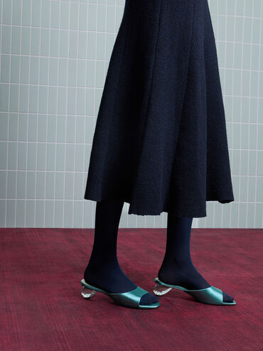 Satin Crystal-Heel Mules, Teal, hi-res