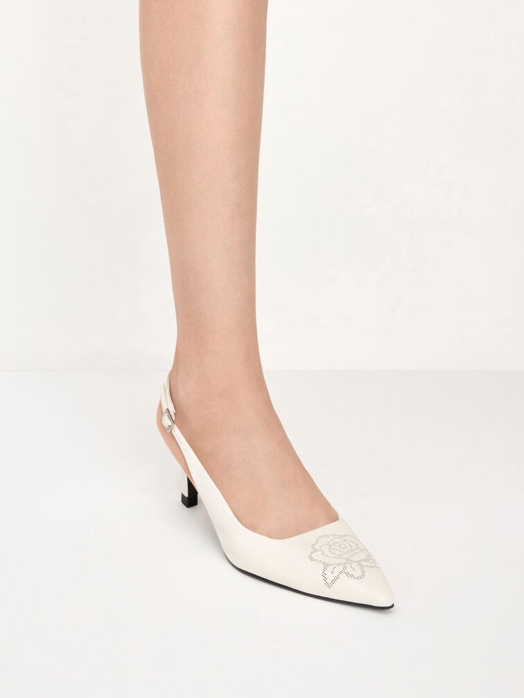 حذاء بامب بمقدّمة مدبّبة بكعب كيتن مفتوح من الخلف بتفاصيل ورد مثقّب, أبيض طباشيري, hi-res