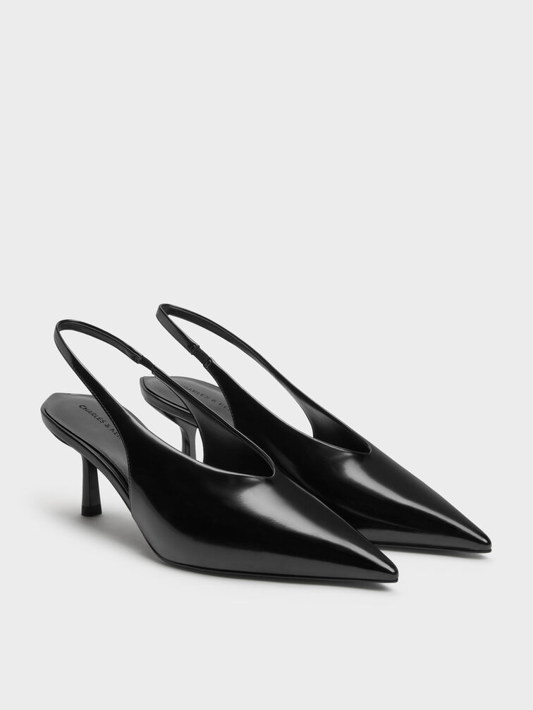 Pointed High-Vamp Slingback Pumps, Black Boxed, hi-res