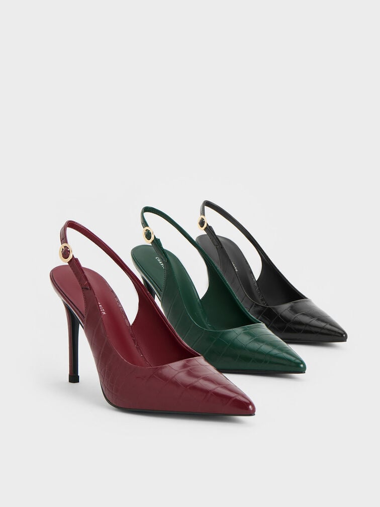 حذاء بكعب ستيليتو مفتوح من الخلف بحزام كاحل ونقشة جلد التمساح, أخضر داكن حيواني, hi-res