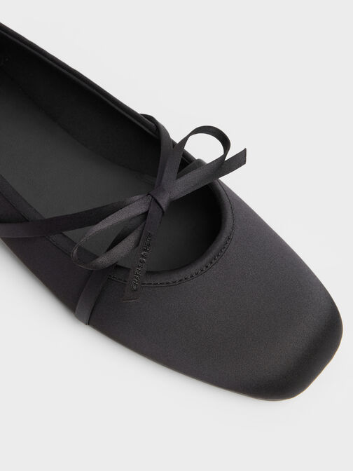 Satin Bow Ballet Flats, Black Textured, hi-res