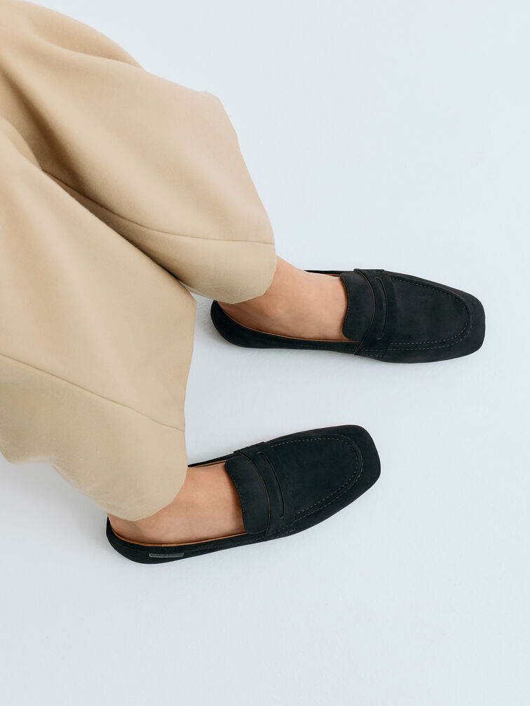 Faux Suede Penny Loafers, Black Textured, hi-res