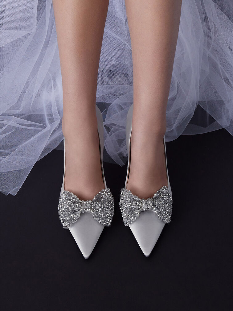 Beaded Bow Pumps, Silver, hi-res