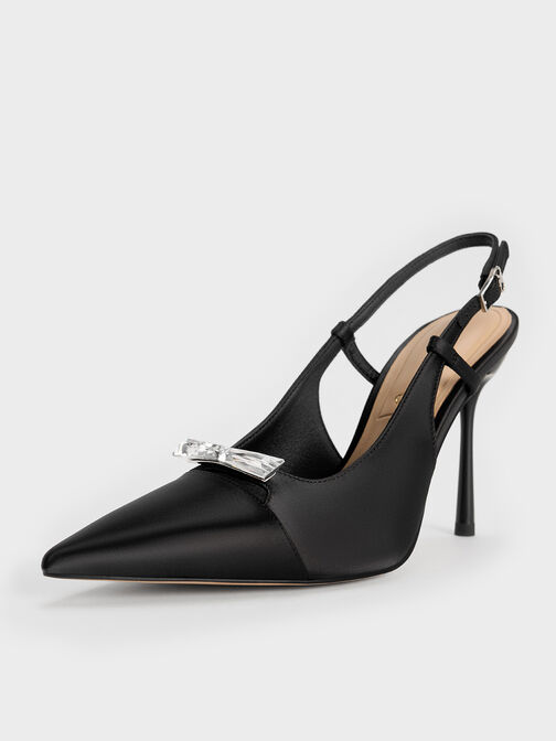 Bow Slingback Pumps, Black Textured, hi-res