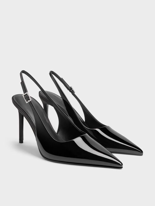 Patent Pointed Slingback Pumps, Black Patent, hi-res