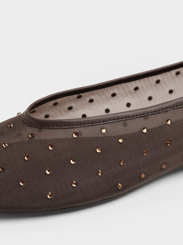 Mesh Crystal Ballet Flats, Dark Brown Textured, hi-res