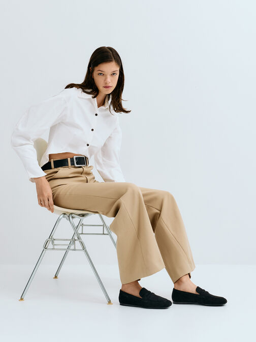 Faux Suede Penny Loafers, Black Textured, hi-res