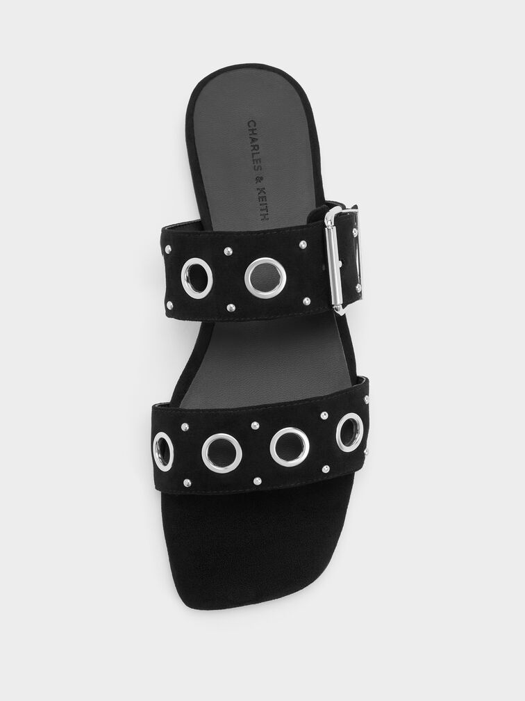 سلايدز من الجلد المدبوغ الصناعي مزودة بحلقات معدنية وإبزيم, أسود خشن, hi-res