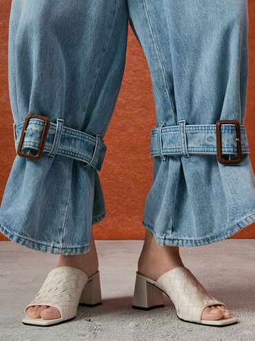 حذاء ميول إيفيت بكعب عالٍ وتصميم منسوج ومقدمة مربعة, أبيض طباشيري, hi-res