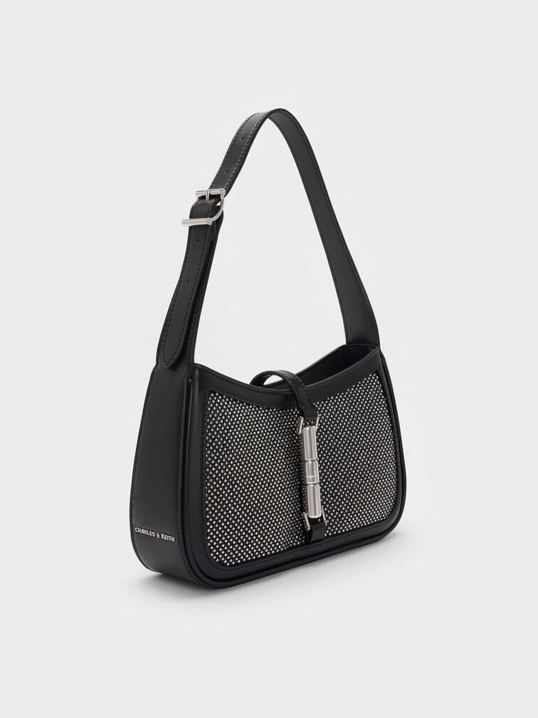 شنطة كتف سيسيا ساتان أسود لامع مزينة بالكريستال مع لمسة ميتاليك, أسود حريري لامع, hi-res