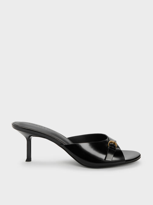 Buckled-Strap Heeled Mules, Black Boxed, hi-res