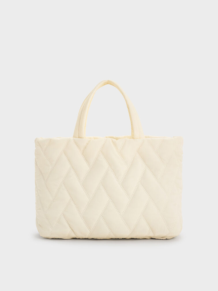 Nylon Chevron Boxy Tote Bag, Cream, hi-res