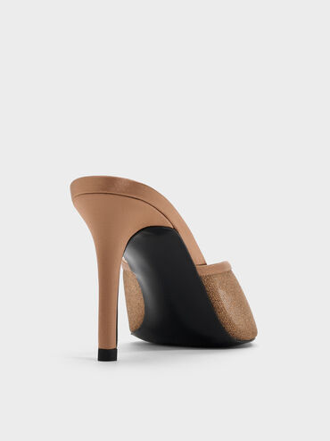 Glittered Mesh Peep-Toe Heeled Mules, Bronze, hi-res