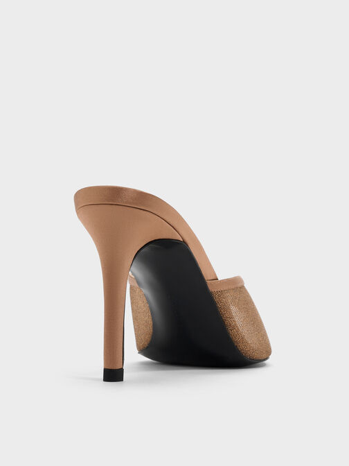 Glittered Mesh Peep-Toe Heeled Mules, Bronze, hi-res