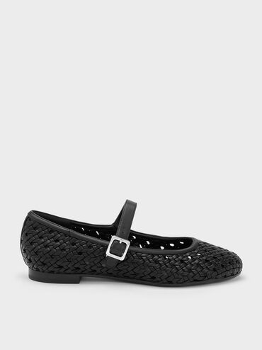 Woven Mary Jane Flats, Black, hi-res
