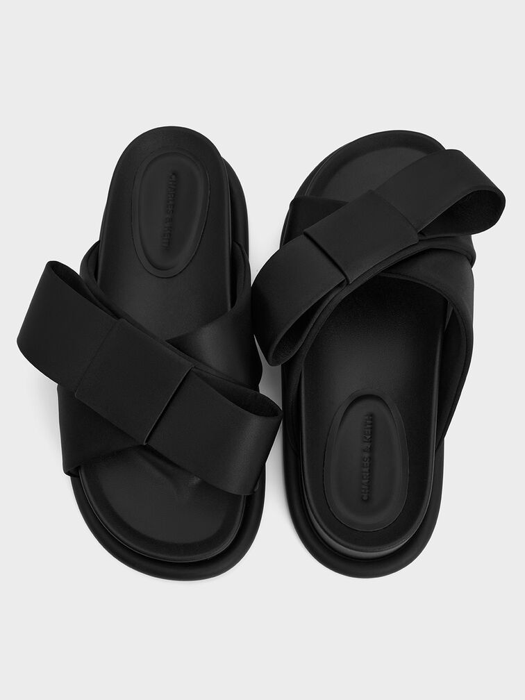 صندل مسطح من الساتان مزين بفيونكة, أسود خشن, hi-res