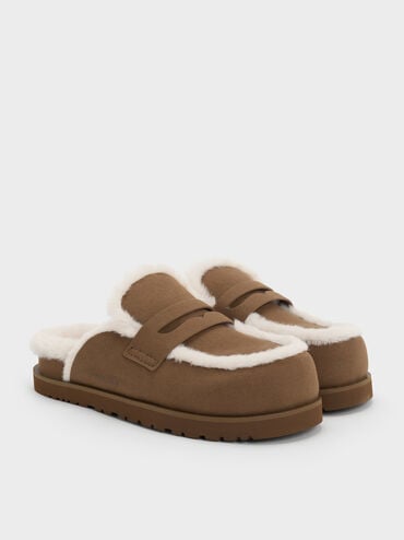 حذاء بلاتفورم بفرو معاد التدوير, بني, hi-res