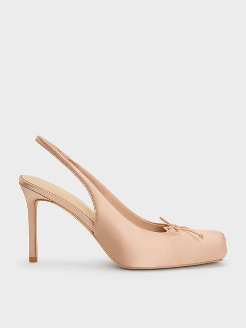 Satin Ruched Stiletto Slingback Pumps, Nude, hi-res