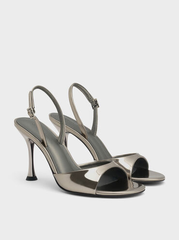 Metallic Sculptural-Heel Slingback Sandals, Pewter, hi-res