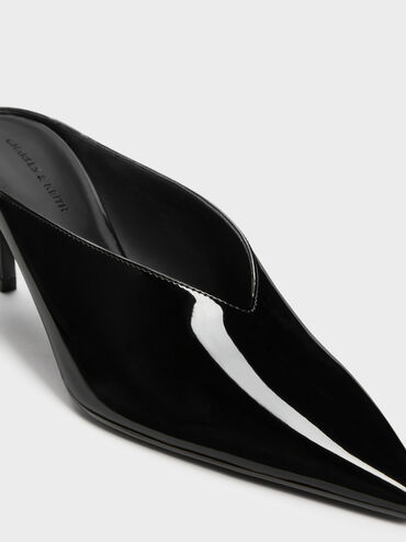 Patent Pointed Heeled Mules, Black Patent, hi-res