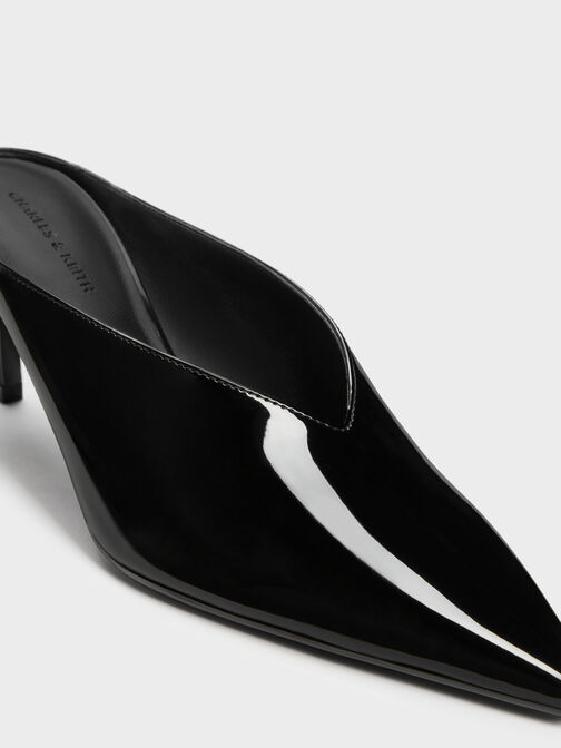 Patent Pointed Heeled Mules, Black Patent, hi-res