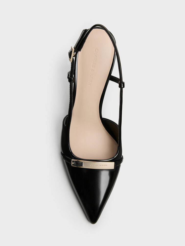 Metallic-Bar Pointed Slingback Pumps, Black Boxed, hi-res