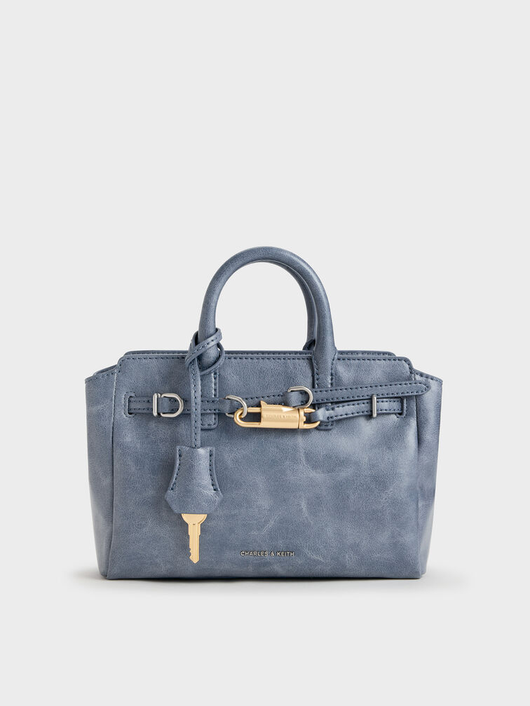 Mini Delfina Belted Tote Bag, Distressed Midnight Blue, hi-res