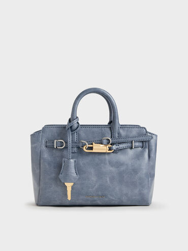 Mini Delfina Belted Tote Bag, Distressed Midnight Blue, hi-res