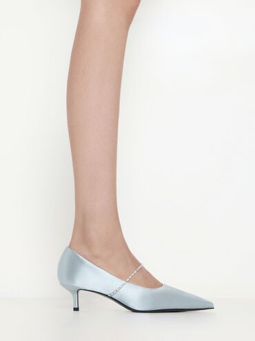 حذاء من الساتان بكعب ومقدمة مدببة وحزام مزخرف, أزرق, hi-res