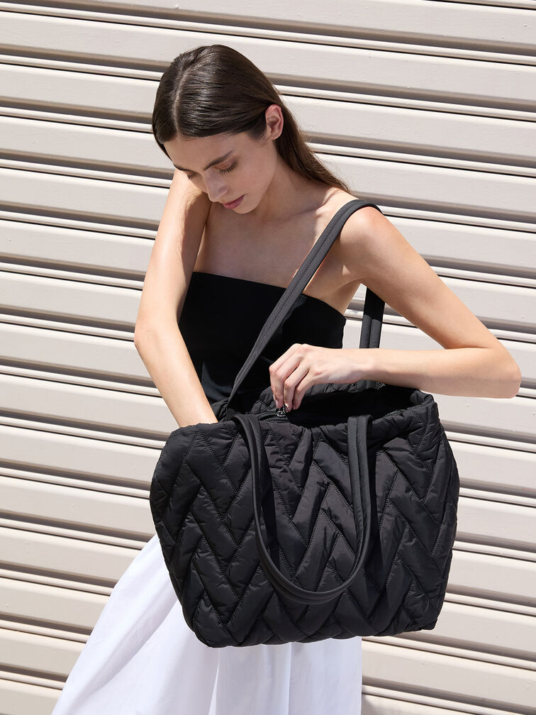 Nylon Chevron Tote Bag, Jet Black, hi-res