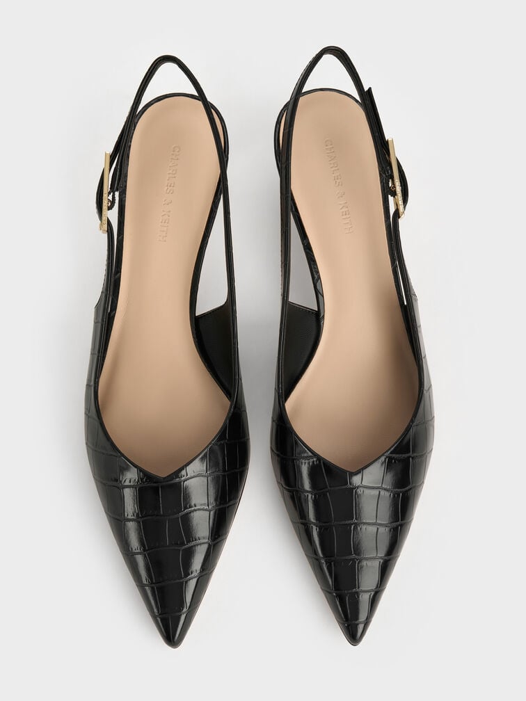 حذاء لوسيانا مفتوح من الخلف تصميم يشبه جلد التمساح بكعب قصير ورفيع, أسود حيواني, hi-res