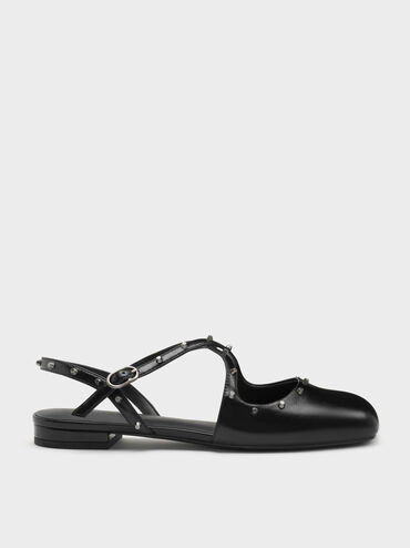 Studded Crossover Slingback Flats, Black, hi-res