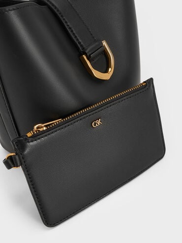 حقيبة باكت (دلو) غابين من الجلد بحزام ومقبض علوي, أسود, hi-res