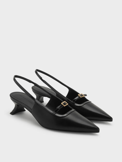 Buckle-Strap Slingback Pumps, Black, hi-res