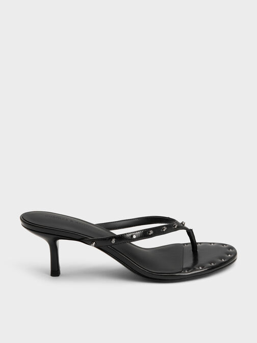 Briella Studded Heeled Thong Sandals, Black, hi-res
