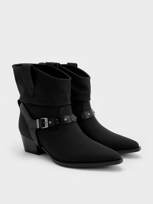 Studded-Strap Ruched Ankle Boots, Black, hi-res