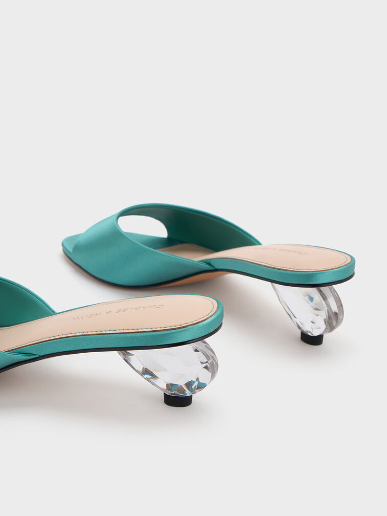 Satin Crystal-Heel Mules, Teal, hi-res