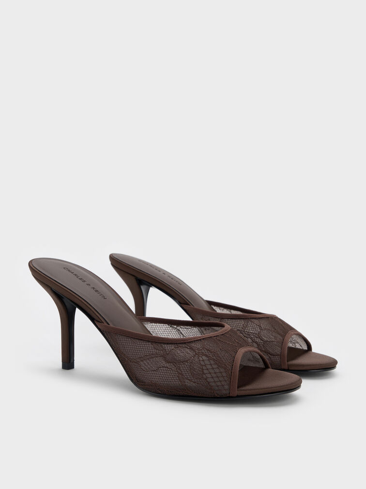 Lace Stiletto Mules, Dark Brown Textured, hi-res